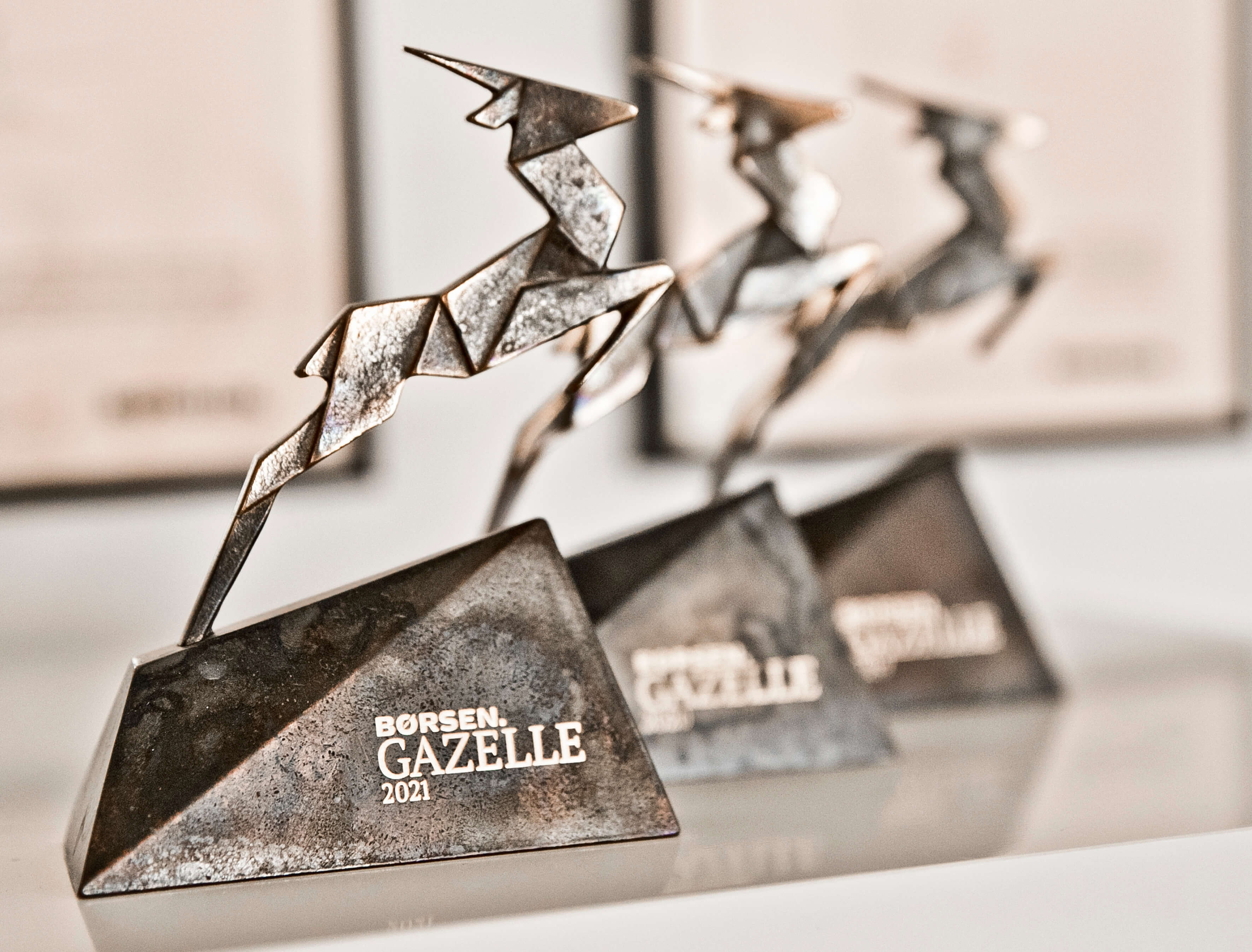 Three Gazelle statues lined up. 2021 in the forefront.
