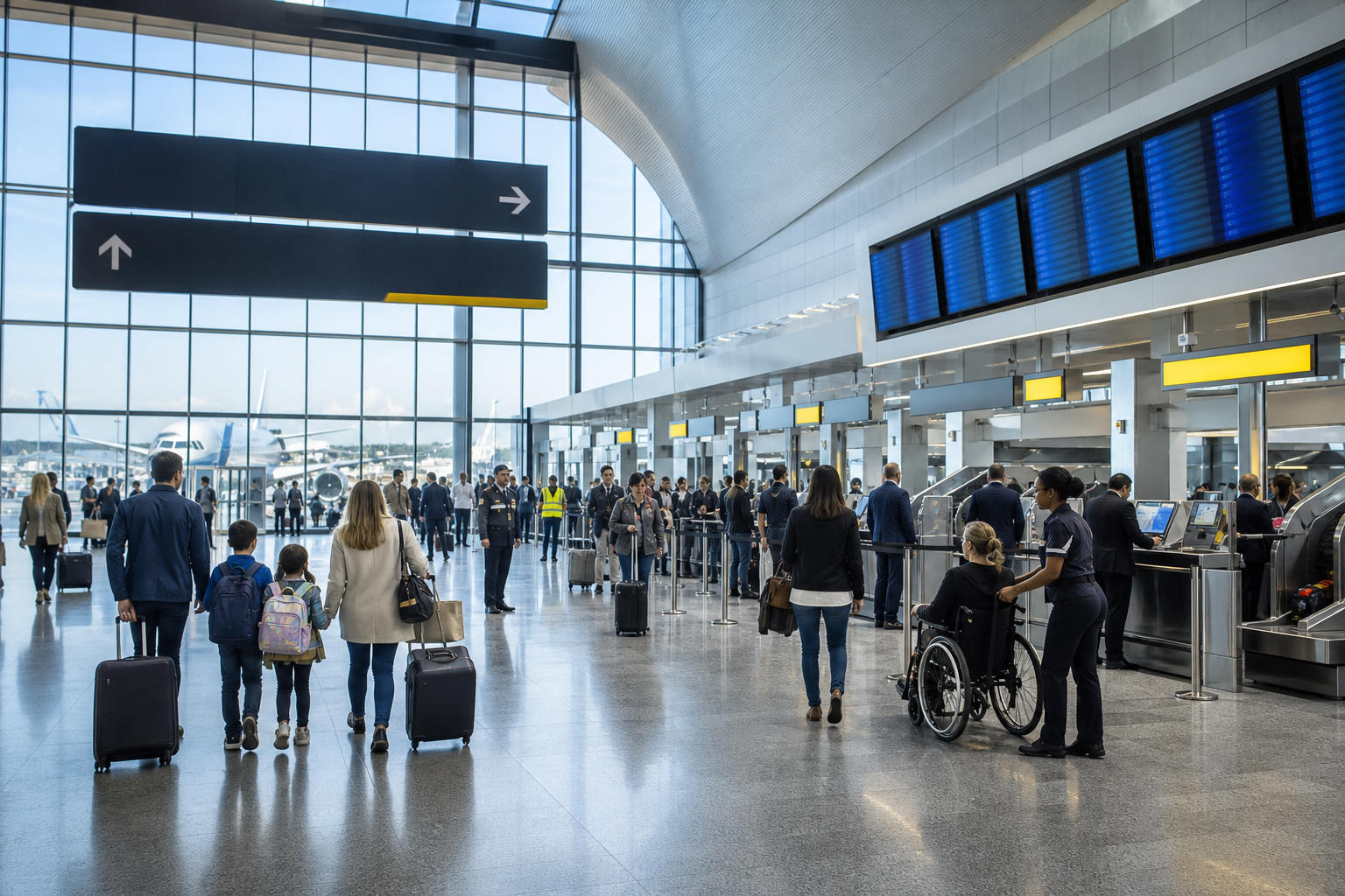 Passengers queuing at check-in desks in a busy airport terminal during peak hours