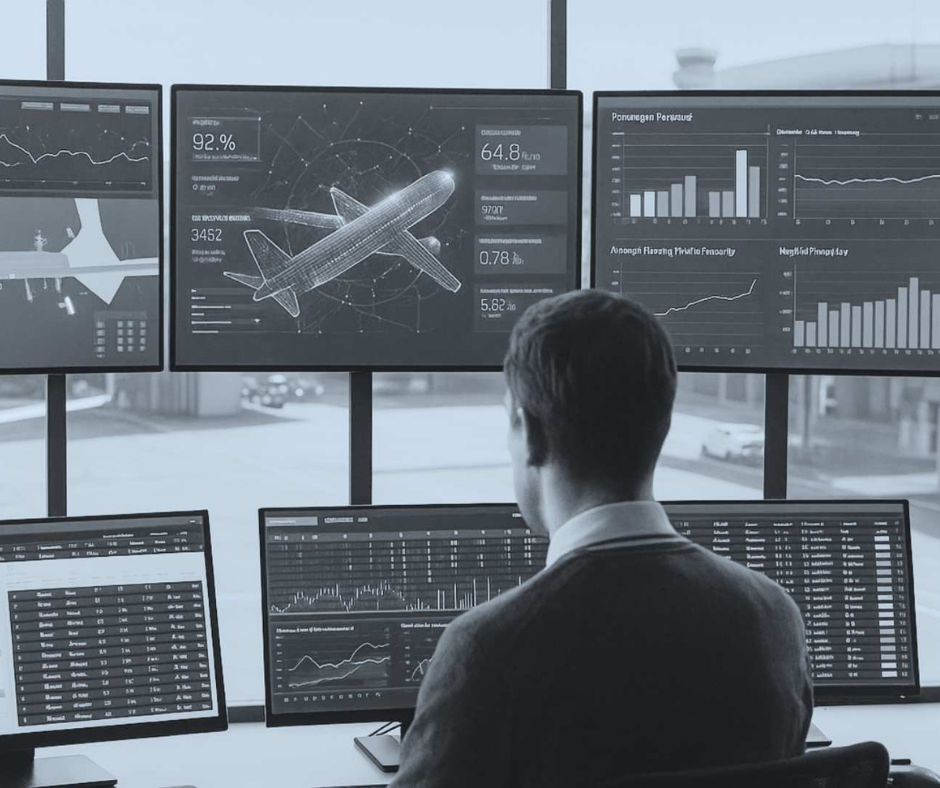 An airport employee works across six monitors, an example of managing multiple separate airport systems without a unified data platform.