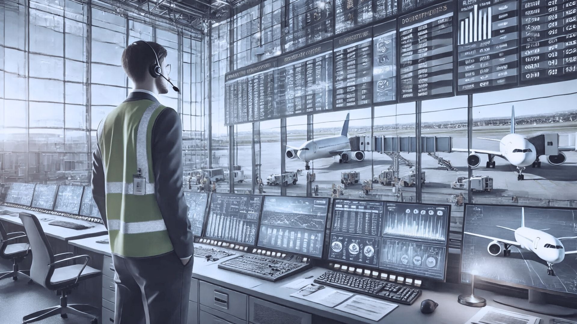 Airport operations manager monitoring real-time flight data and aircraft at the gates from a terminal control room.
